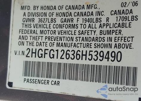 2006 Honda Civic Lx z USA, uszkodzony, nr VIN 2HGFG12636H539490